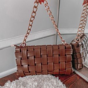 Brown woven gold chain shoulder bag